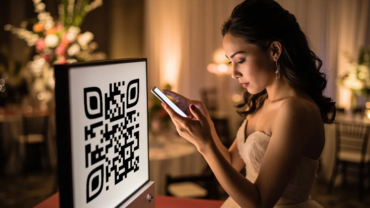 Νύφη σκανάρει με το κινητό της τον κωδικό QR της Kukuva σε πινακίδα τραπεζιού