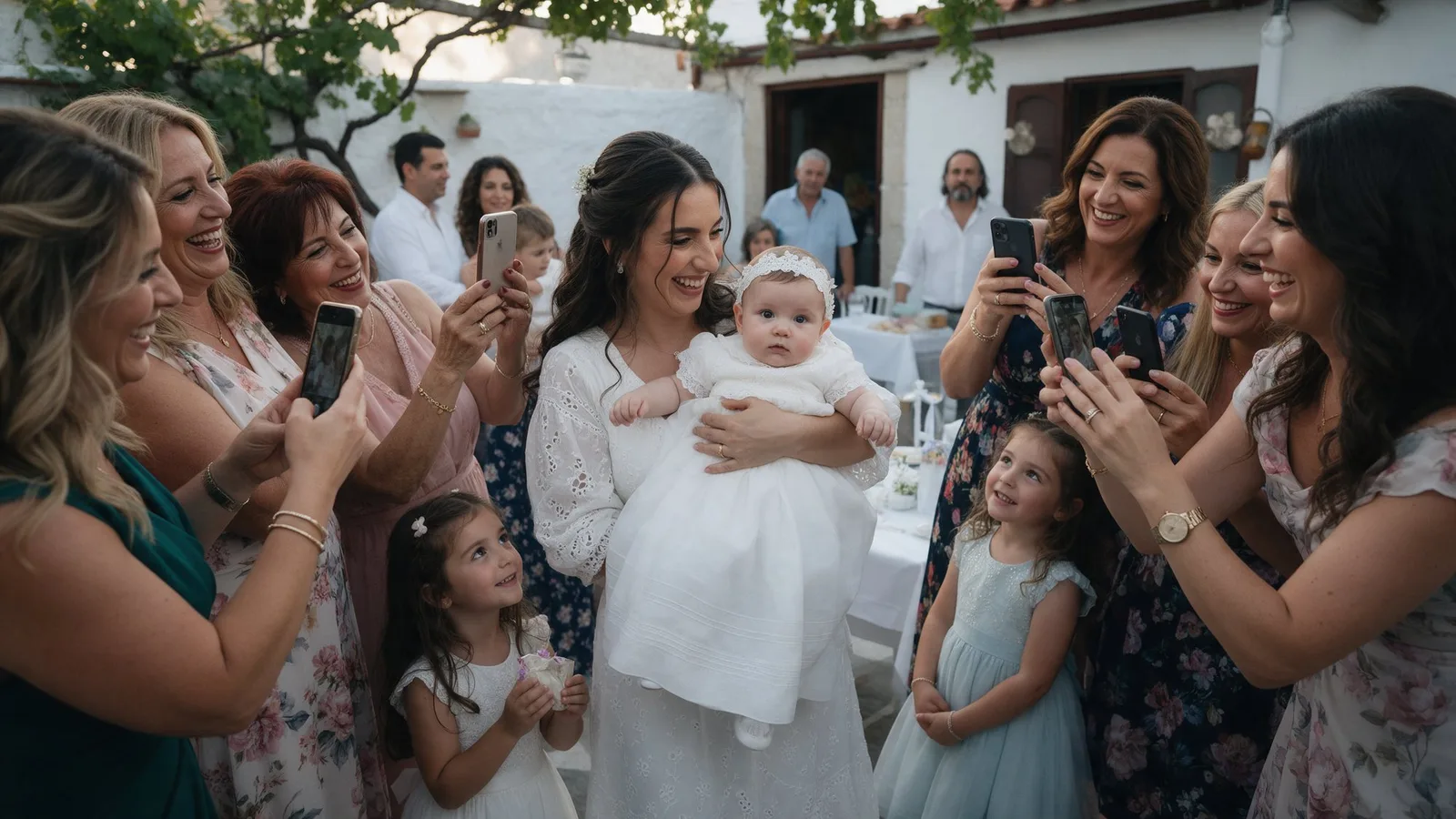 Συγγενείς γύρω από μια μητέρα και το μωρό της σε γιορτή βάπτισης τραβούν φωτογραφίες με τα κινητά τους